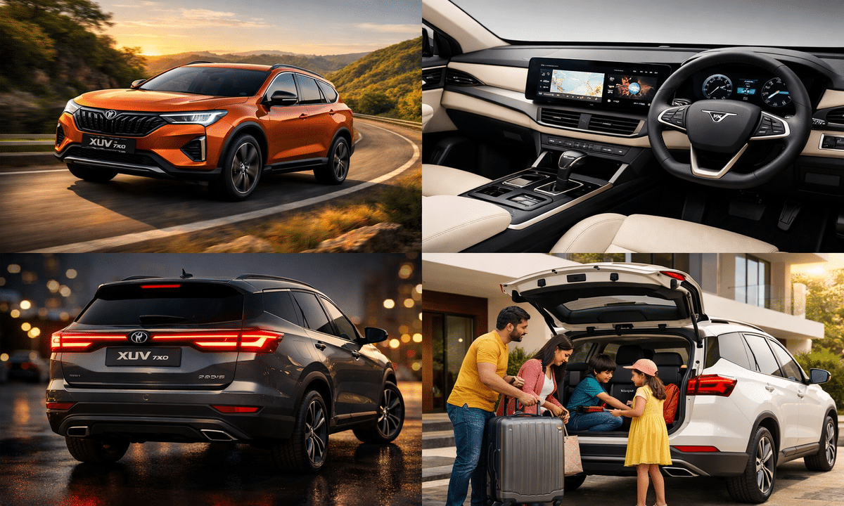 1. Main Hero Image (Front 3/4th View): "A futuristic and muscular Mahindra XUV 7XO SUV, in a bold copper-orange color, driving dynamically on a winding mountain road at golden hour. Photorealistic, professional automotive photography, sharp focus, dramatic lighting, sleek design with new LED DRL signature. Background of lush green hills and a clear sky. 8k resolution, cinematic." 2. Interior Dashboard & Tech Shot: "Luxurious and tech-forward interior of the Mahindra XUV 7XO. Focus on the new panoramic curved touchscreen infotainment system and digital driver's display. Premium beige and black leather seats, ambient lighting, sleek air vents. Studio lighting, hyper-detailed, clean and minimalist design. 4k product shot style." 3. Rear Design & LED Taillight Close-up: "Rear three-quarter view of the Mahindra XUV 7XO showcasing its new connected LED taillight design. SUV parked in an urban setting at dusk, lights illuminated with a modern light signature. Metallic grey color, reflections on the body. Photorealistic, detailed, bokeh background lights." 4. Family Lifestyle Shot: "A happy Indian family of four loading luggage into the trunk of a stylish white Mahindra XUV 7XO. The car is parked outside a modern villa during daytime. The scene conveys adventure, space, and premium family life. Warm, natural lighting, lifestyle photography style, vibrant colors."